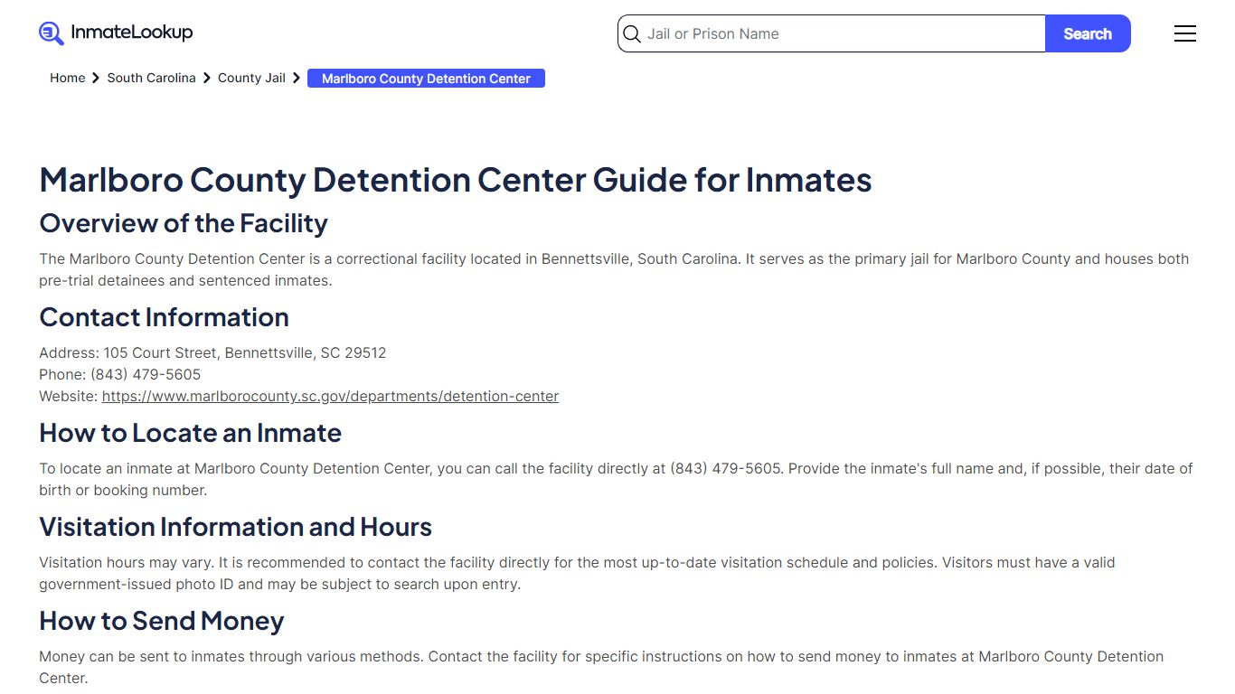 Marlboro County Detention Center Inmate Search - Inmate Lookup